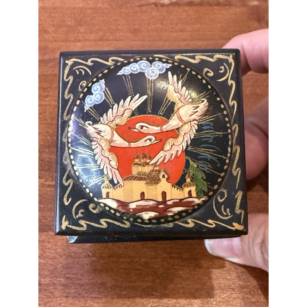 Vintage Russian Black Lacquer Wooden Double Deck Trinket Box Hand Painted Birds